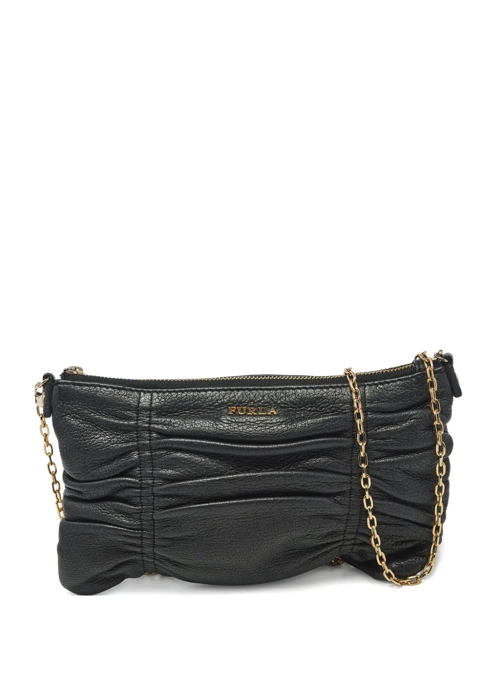Pre-owned Furla Ruched Chain Crossbody Bag In Black