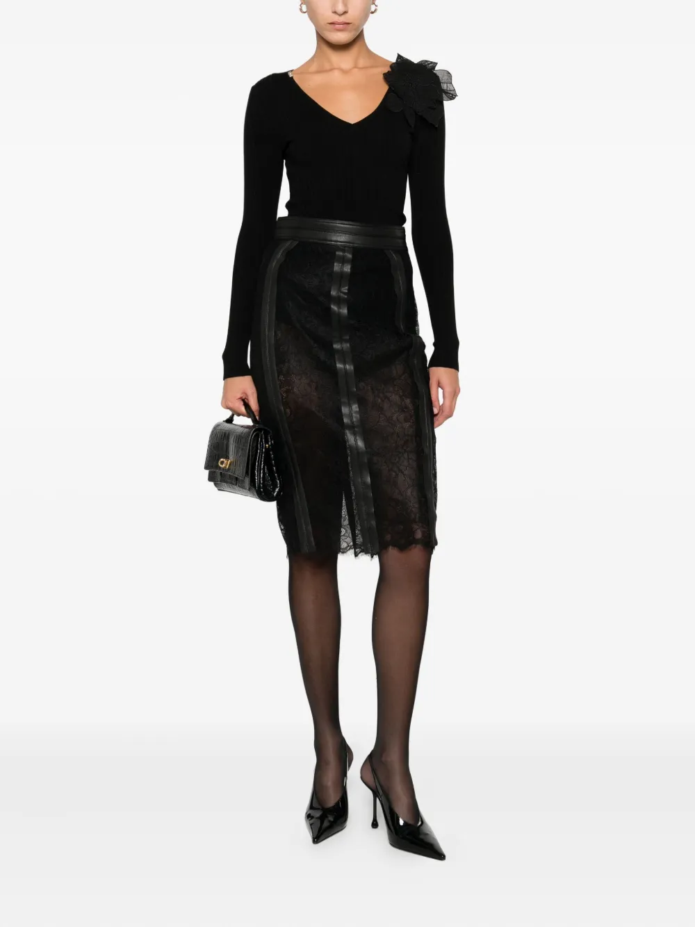 Elisabetta Franchi leather-trimmed lace midi skirt - Zwart