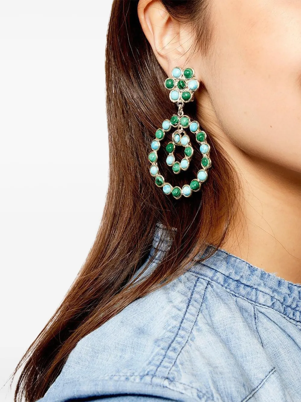 Sylvia Toledano Happy Flower oorbellen met malachiet en larimar - Zilver