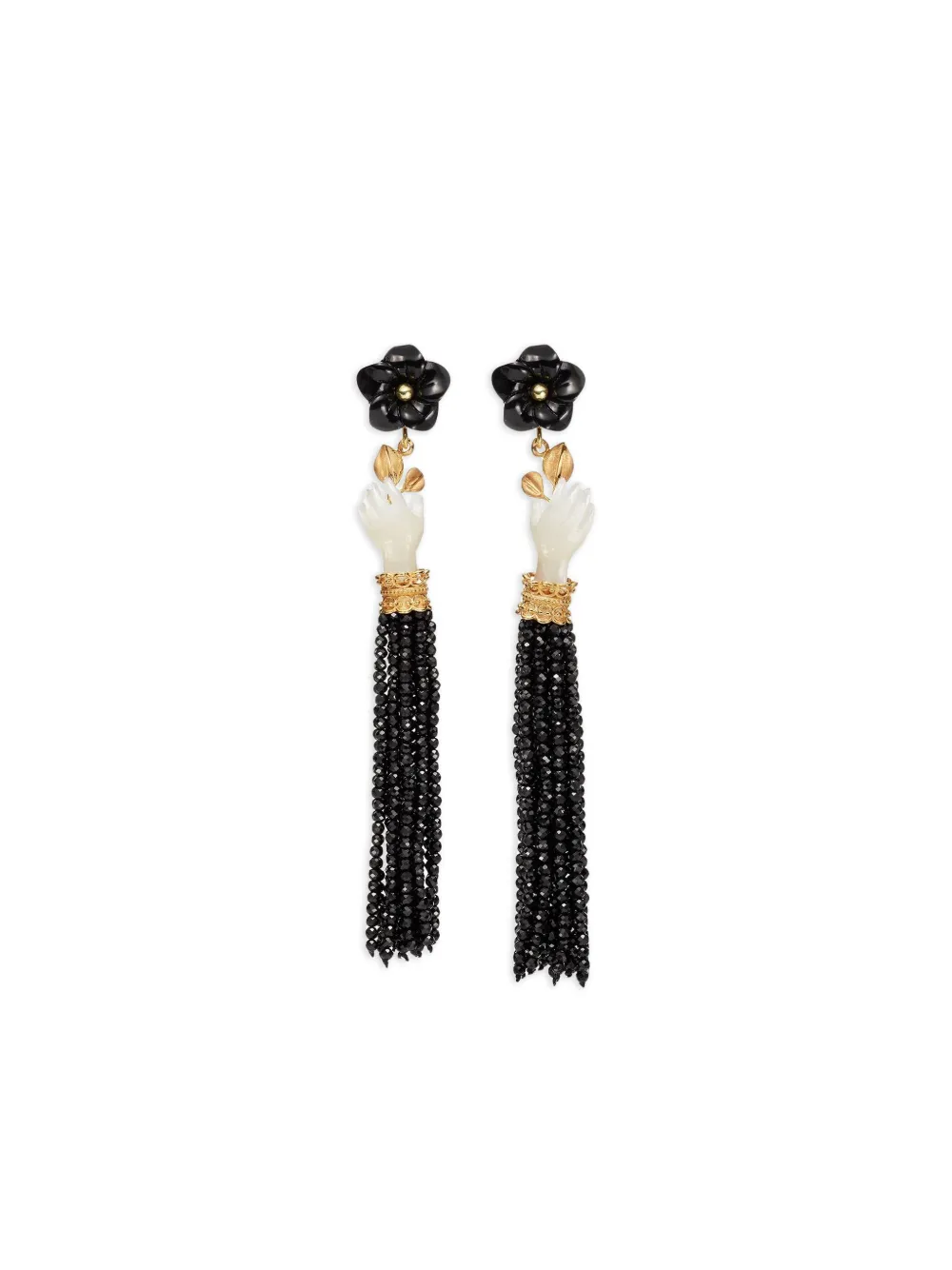 Of Rare Origin 18k Yellow Gold Hand-flower Tassel Earrings In Black