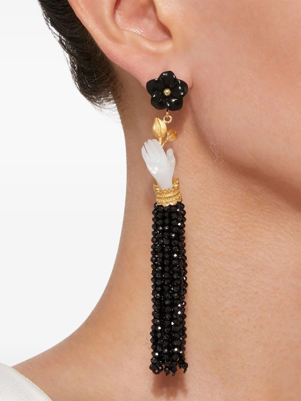 Of Rare Origin 18k Yellow Gold Hand-flower Tassel Earrings In Black