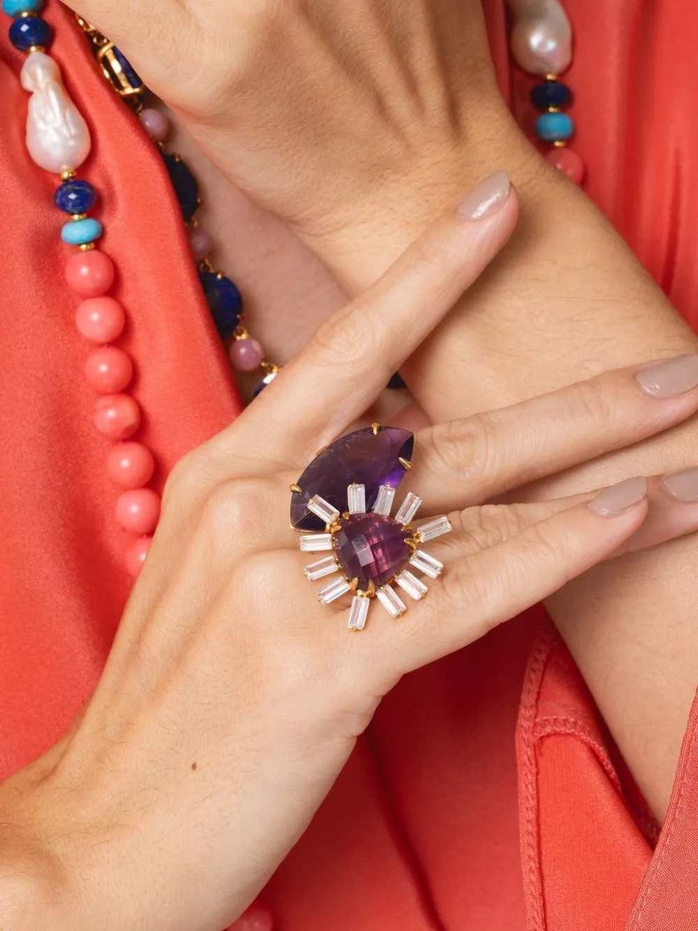 Bounkit Jewelry Sunburst ring met amethist - Goud