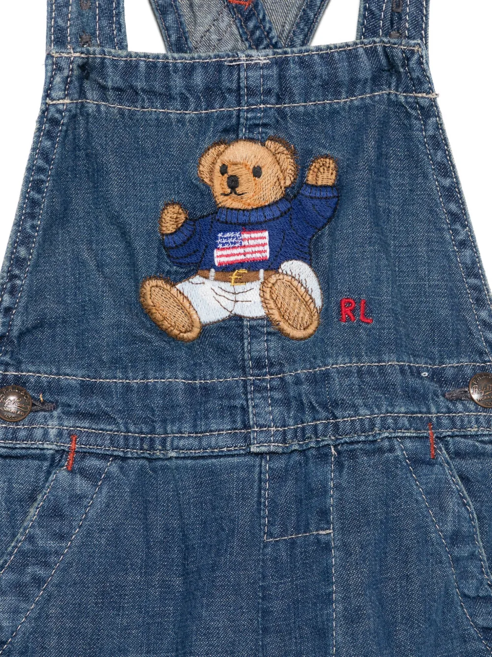 Polo Ralph Lauren Bear-embroidered Denim Overalls In Blue