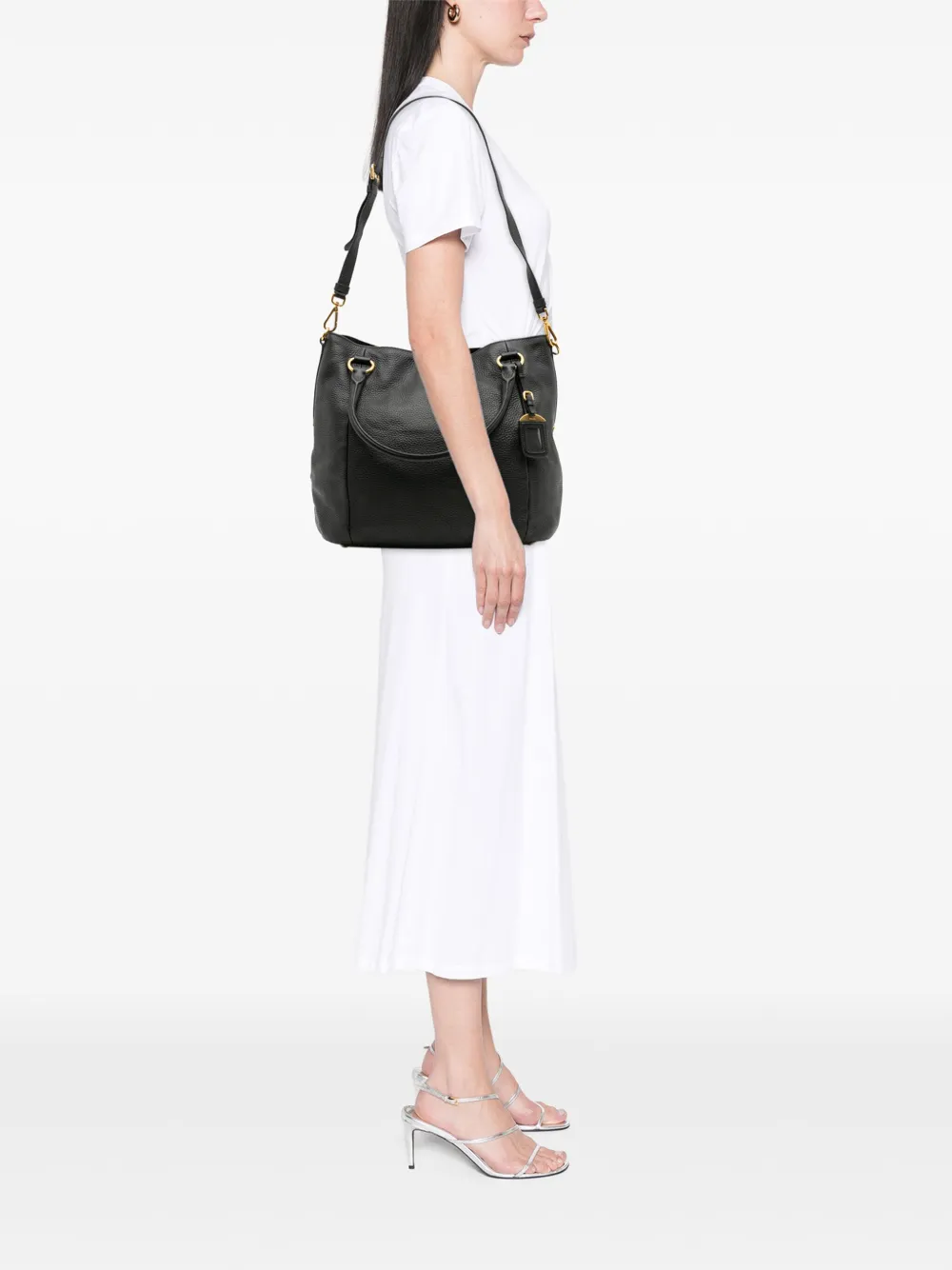 Pre-owned Prada 2000-2025 Vitello Daino Open Convertible Tote Satchel In Black
