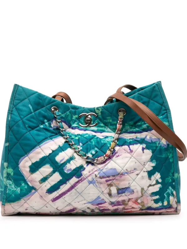 Chanel Pre-owned 2010-2011 CC Quilted Nylon Graffiti Watercolour Shopping Tote Satchel in Blue