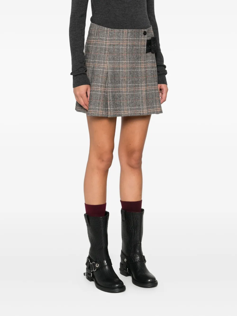Pinko Beige Plaid Pleated Mini Skirt In Gray