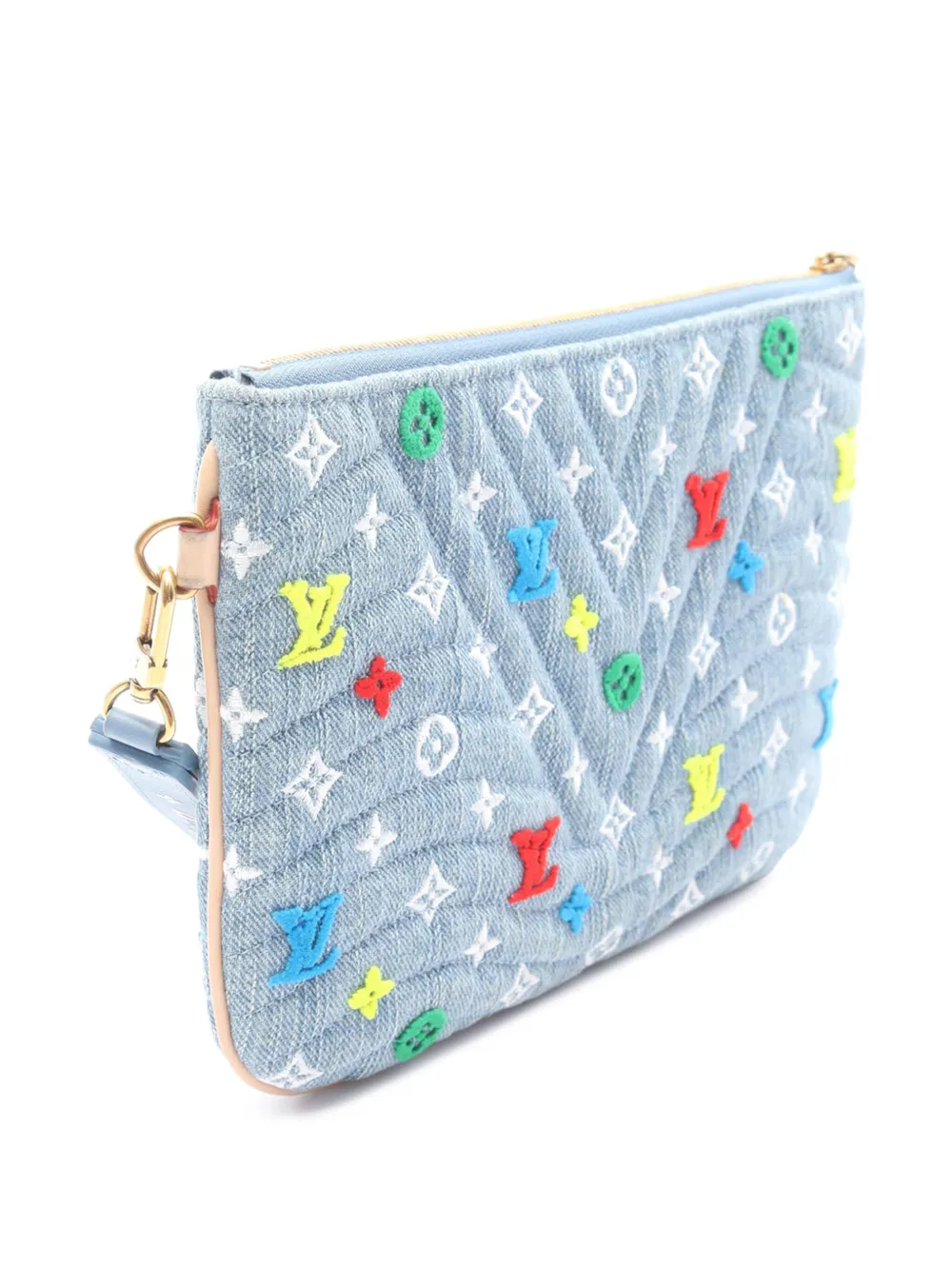 Pre-owned Louis Vuitton 2019 Embroidered Monogram Denim New Wave Zipped Pochette Clutch Bag In Blue