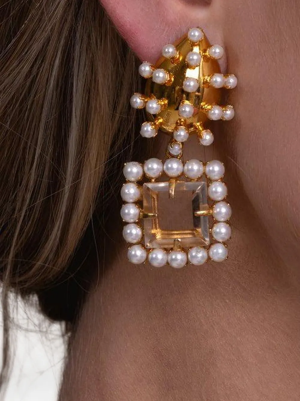 Bounkit Jewelry Oorbellen met parel en kwarts - Goud