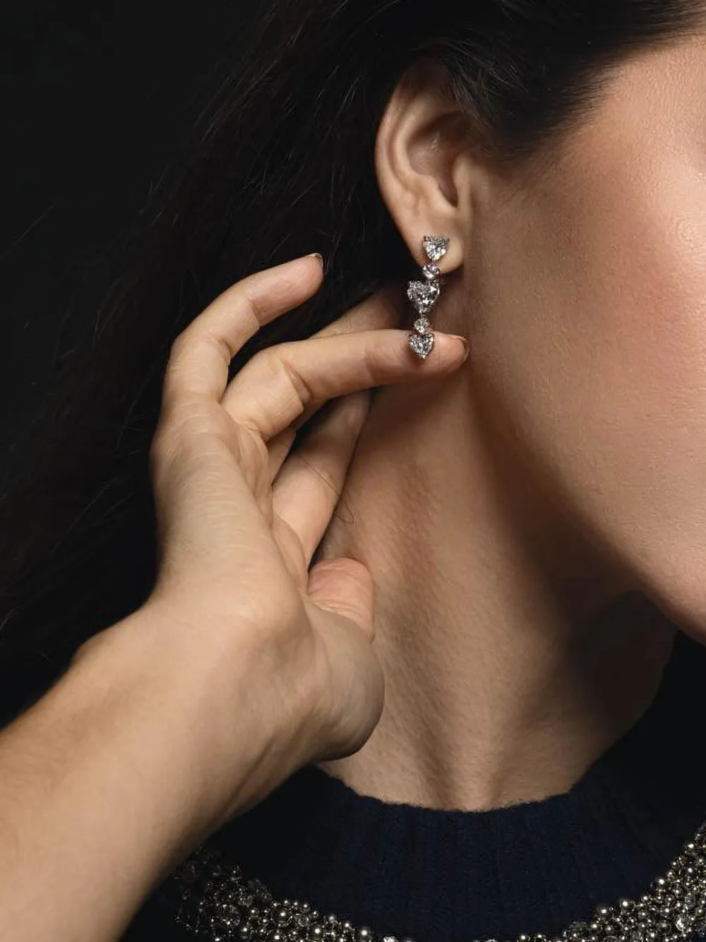 Fantasia By Deserio Three Heart Drop Earrings In Metallic
