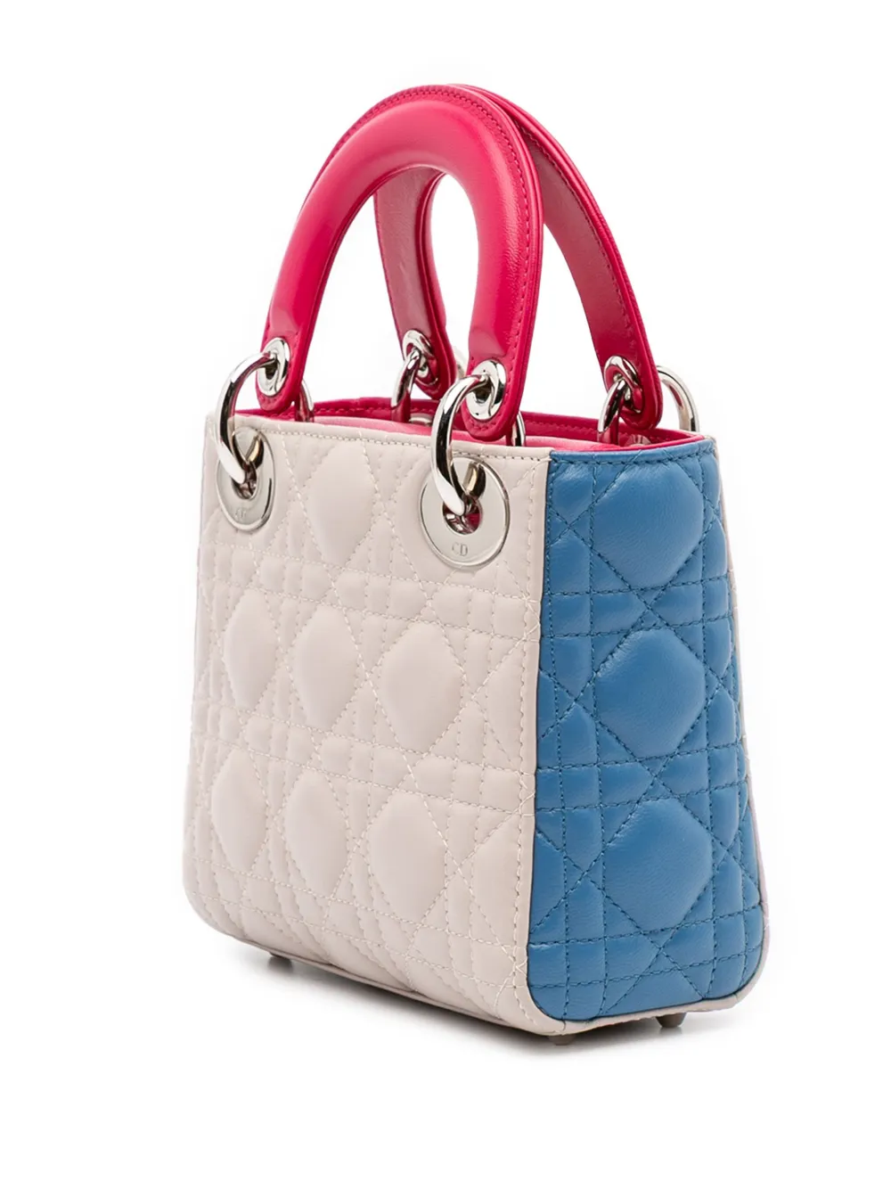 Pre-owned Dior 2014 Mini Tricolor Lambskin Cannage Lady  Satchel In White