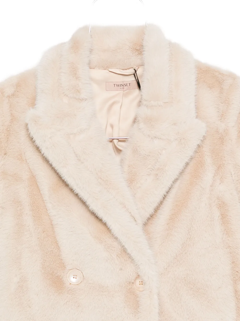 Twinset Double-breasted Plush Coat With Wide Lapels In Neutral