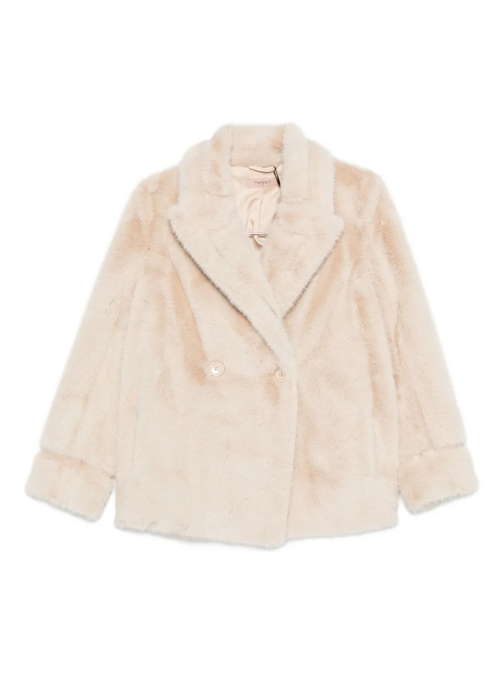 Twinset Double-breasted Plush Coat With Wide Lapels In Neutral