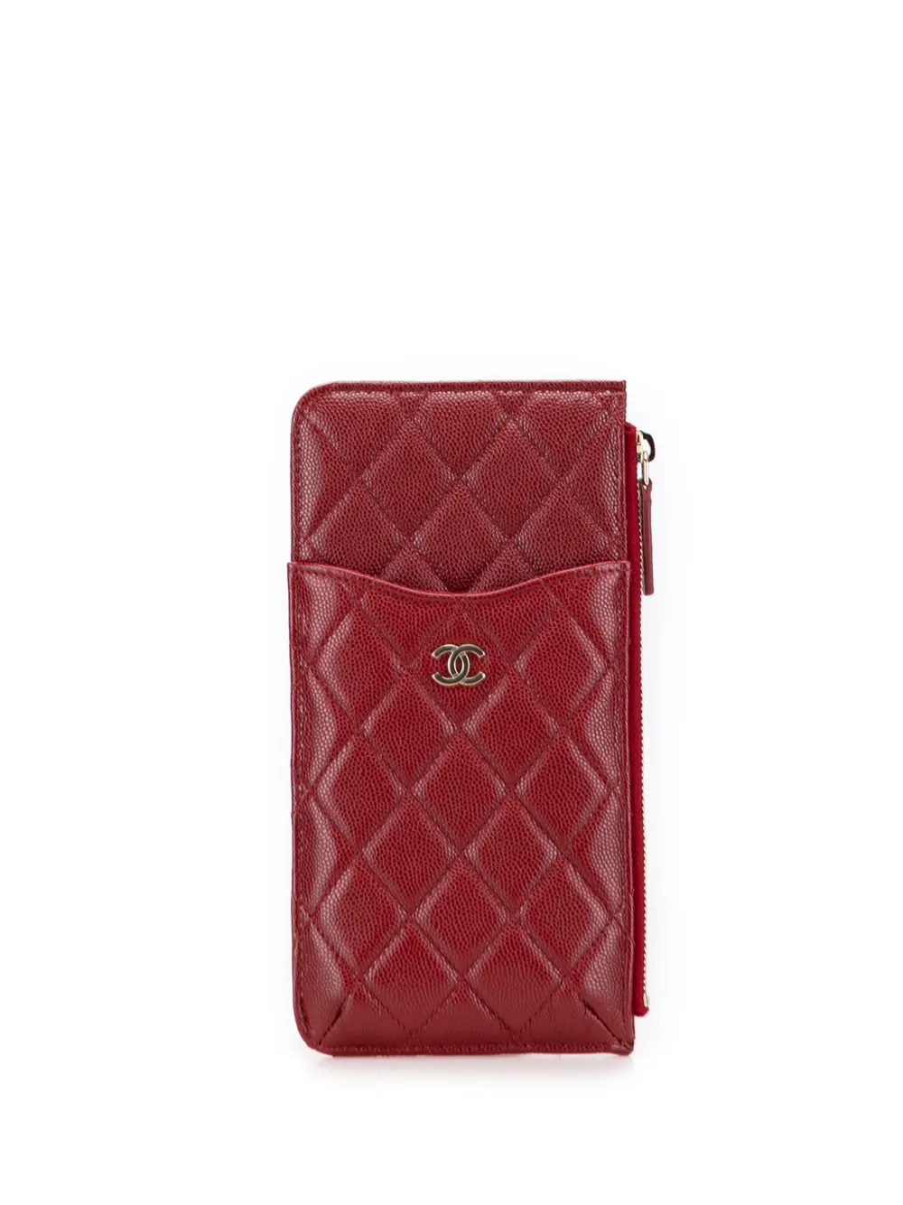 CHANEL Pre-Owned 2019 ココマーク マトラッセ キャビア フラット ウォレットポーチ スマホケース - レッド CHANEL Pre-Owned 2019 ココマーク マトラッセ キャビア フラット ウォレットポーチ スマホケース - レッド
