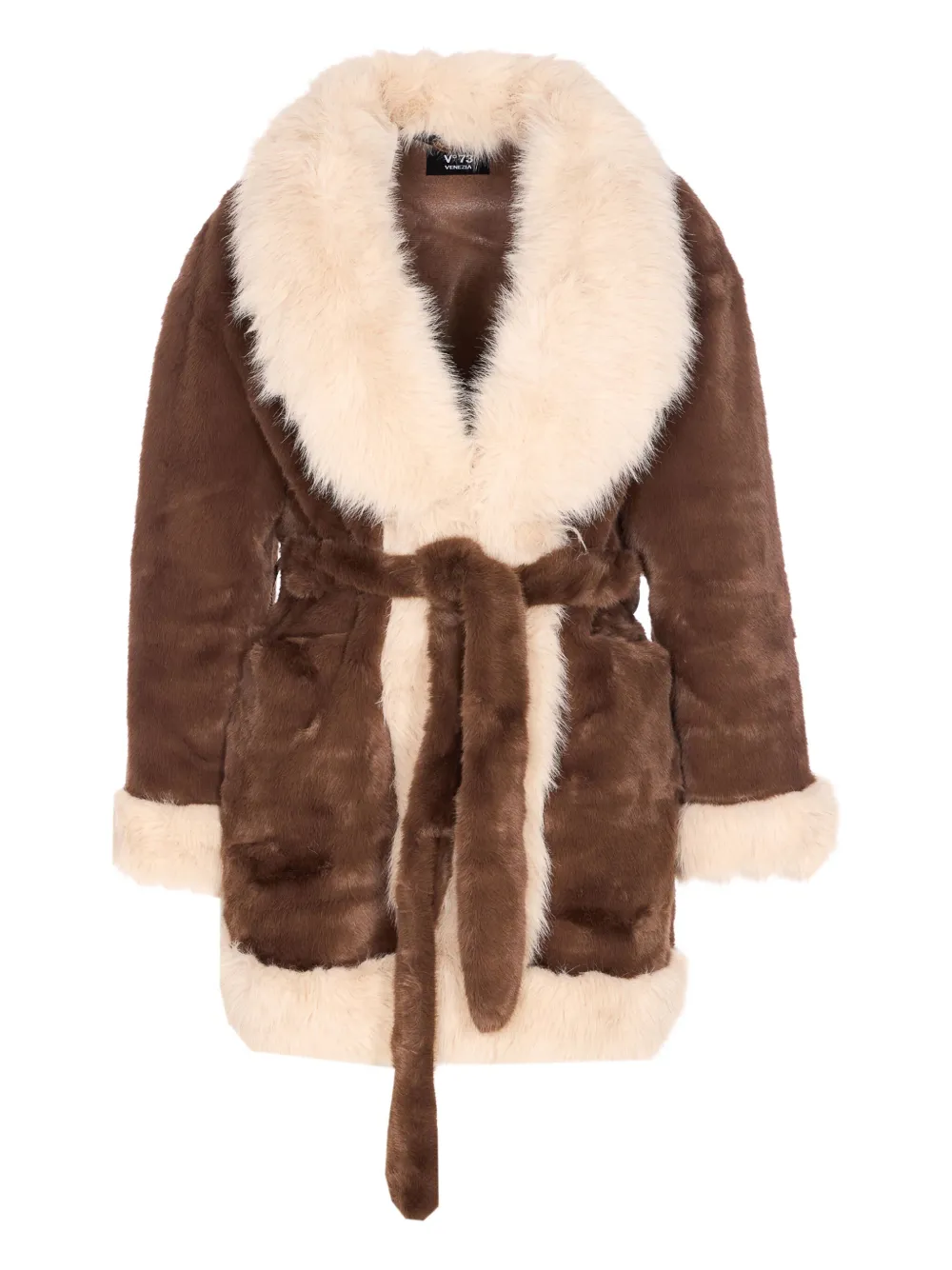 V73 Penny Faux-fur Belted Jacket In Brown