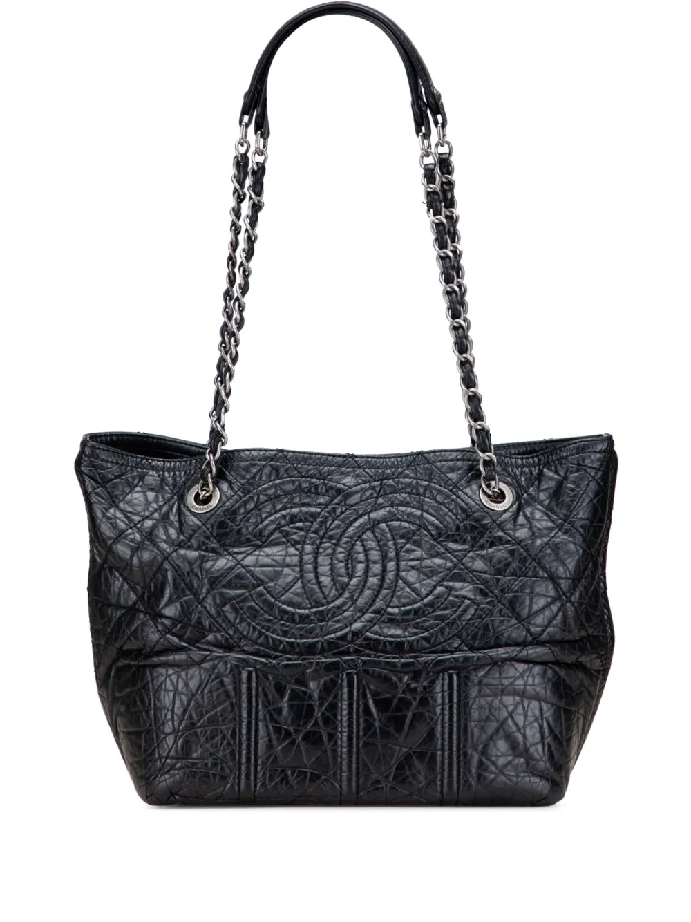 CHANEL Pre-Owned 2008-2009 ディストレス カーフスキン ショッピング イン モスコウ トートバッグ - ブラック CHANEL Pre-Owned 2008-2009 ディストレス カーフスキン ショッピング イン モスコウ トートバッグ - ブラック