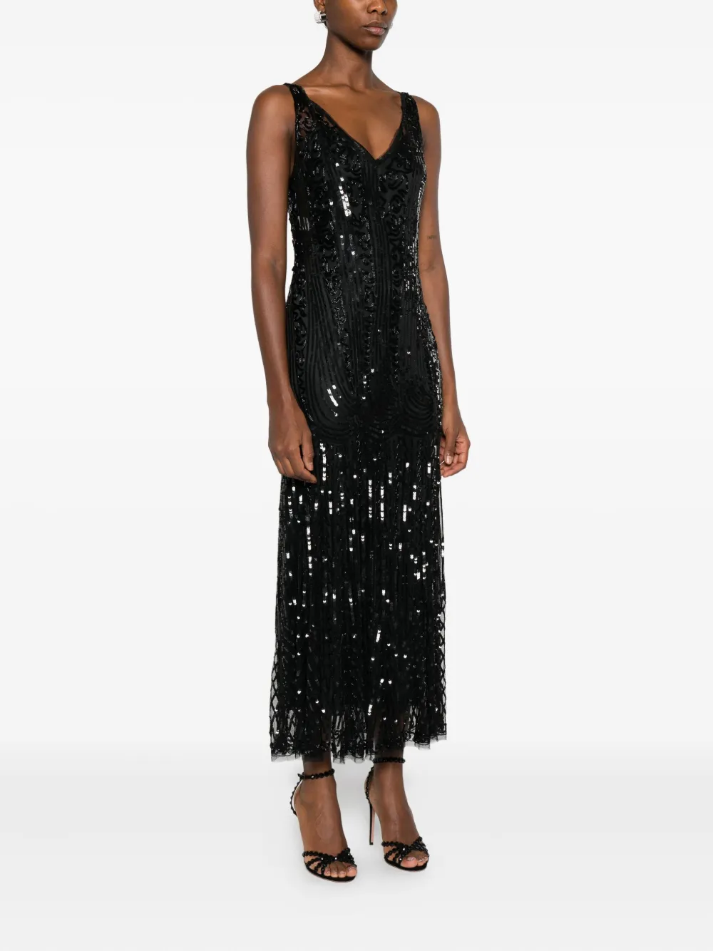 Alberta Ferretti Sequin-embellished V-neck Gown In Black