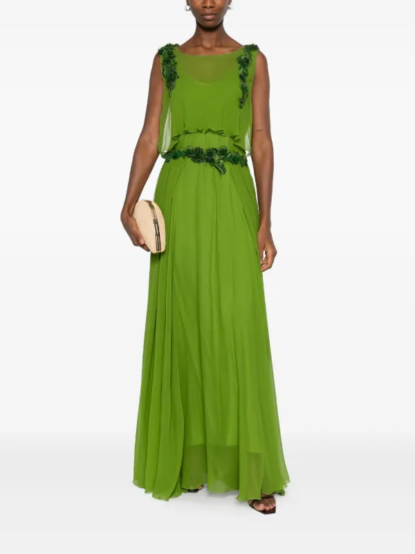 green emerald velvet dress Long silk gown with metallic embroidery