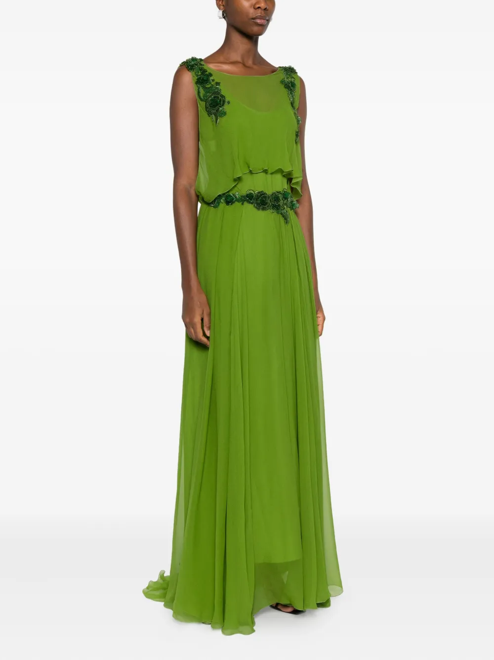 Alberta Ferretti Embellished-waist Silk Maxi Evening Gown In Green