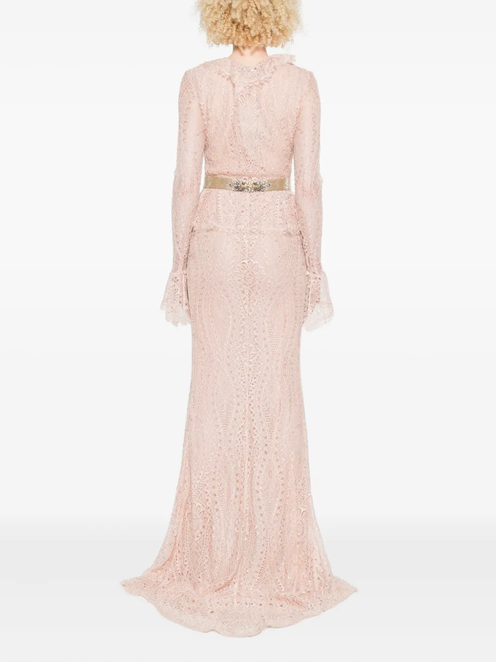 Pucci Embellished Belted Lace Gown In Pink