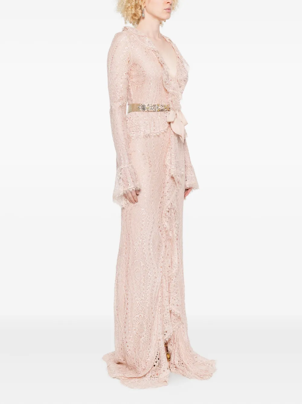 Pucci Embellished Belted Lace Gown In Pink