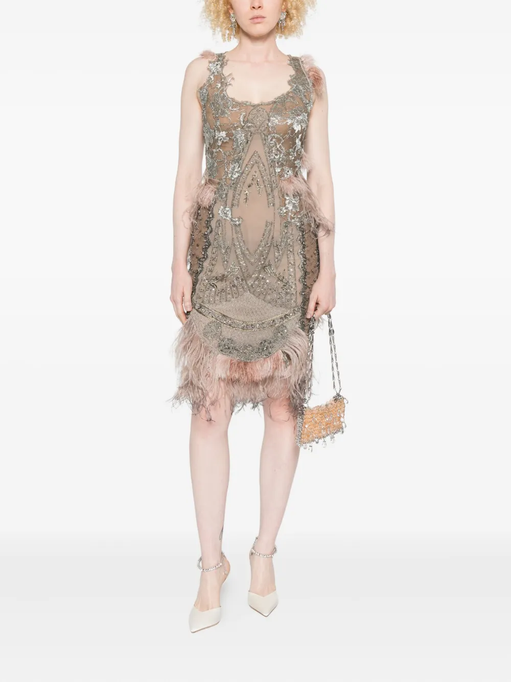 Alberta Ferretti beaded-embroidered feather-trimmed dress - Grijs