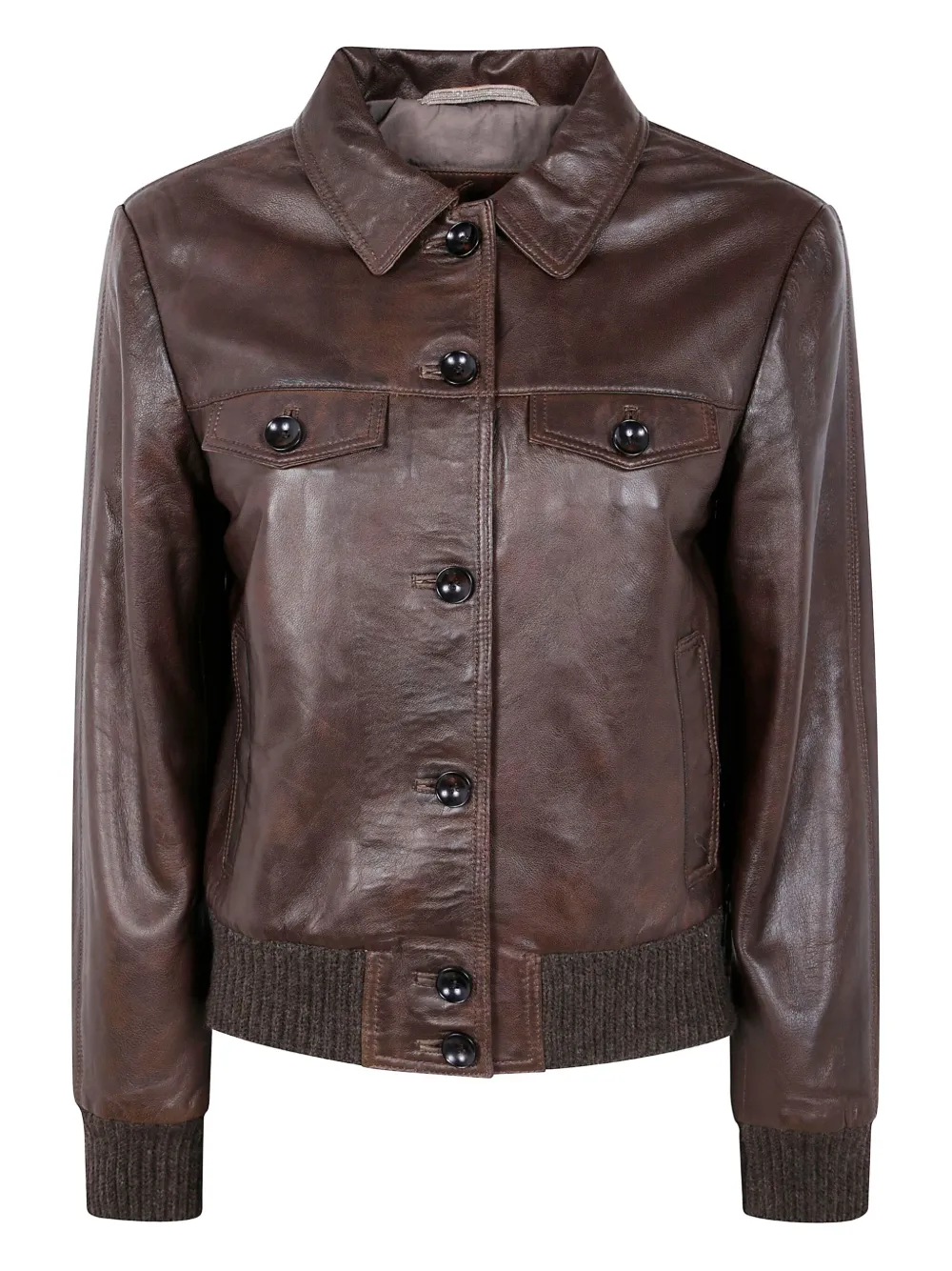 The Jackie Leathers Button-fastening Flap-pocket Leather Jacket In Brown