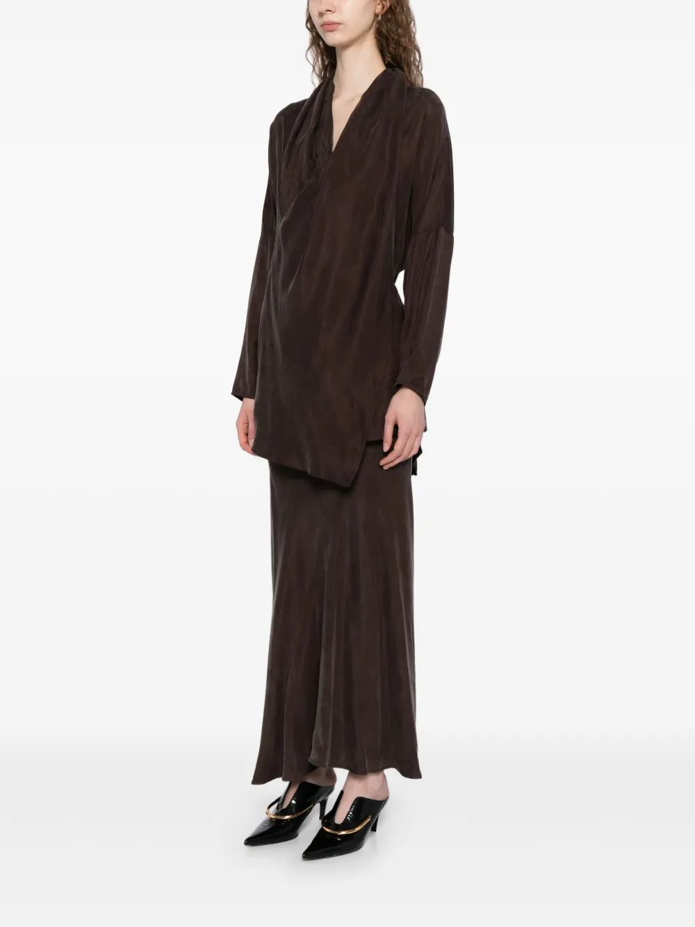  Yeareast Asymmetric Wrap Blouse - Brown 