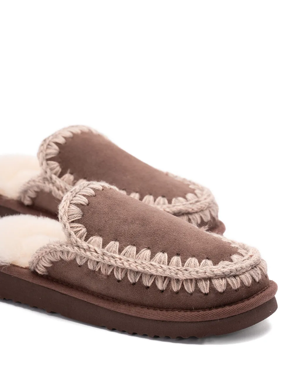 Mou crochet-detail sheepskin slippers Brown