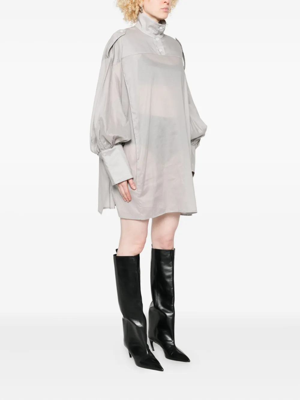 The Latest Cuffed-sleeve Classic-collar Shirt Dress In Gray