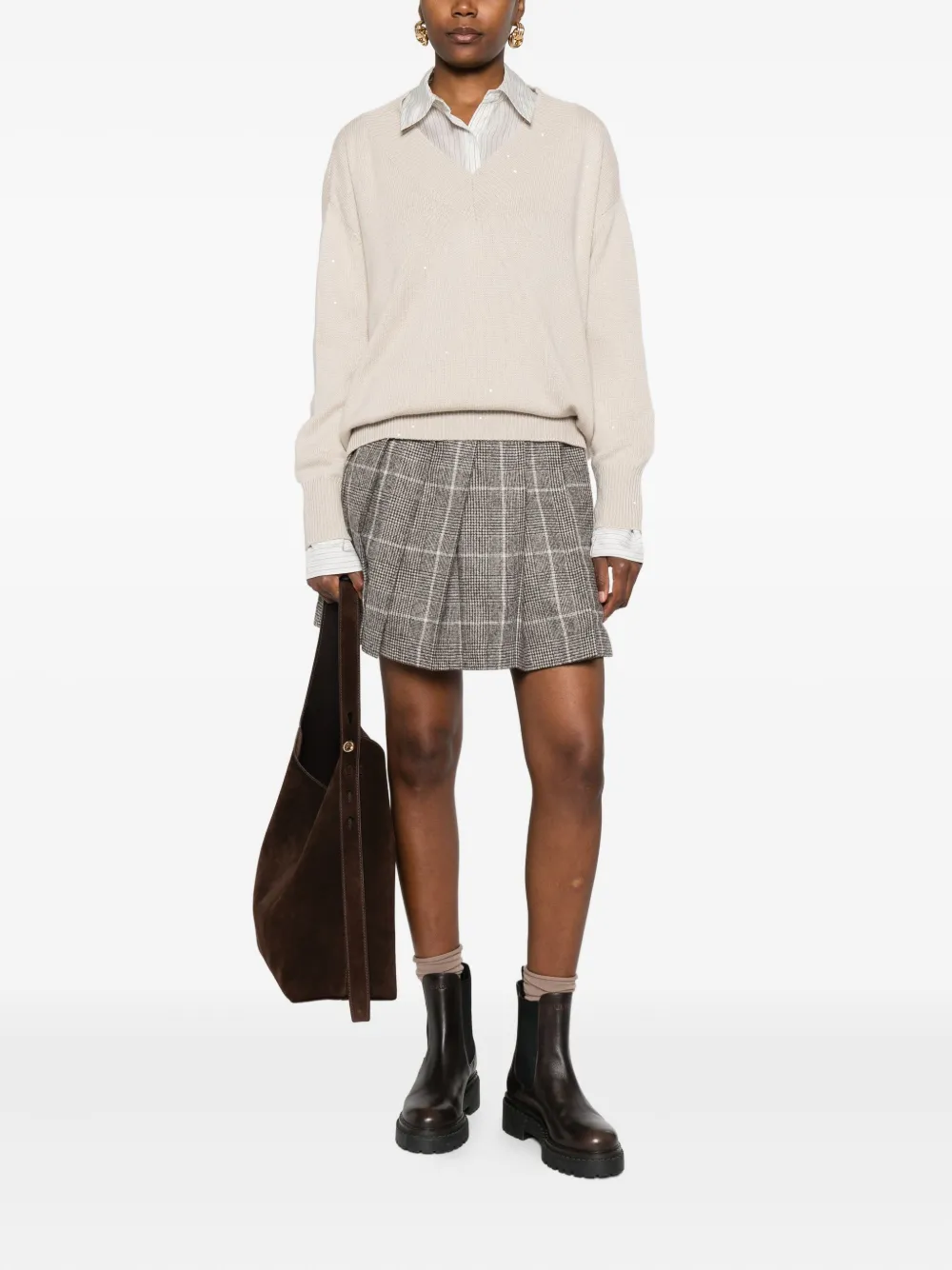 Brunello Cucinelli Embellished V-neck Sweater In Neutral