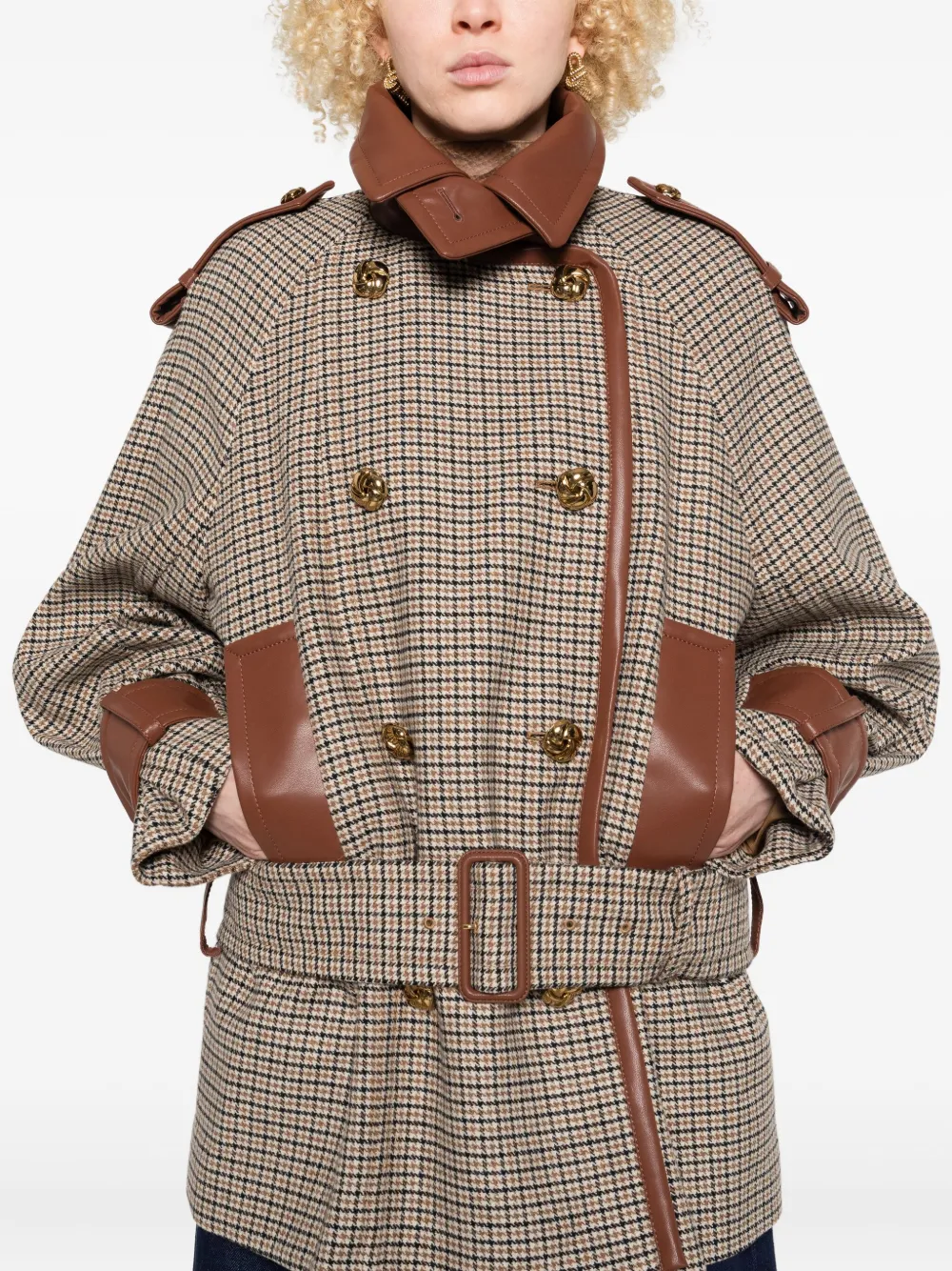 Zimmermann Checked Belted Leather-trimmed Jacket In Neutral