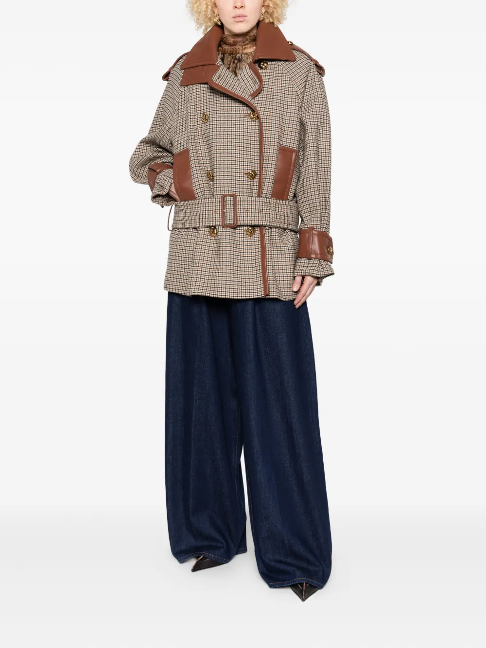 Zimmermann Checked Belted Leather-trimmed Jacket In Neutral