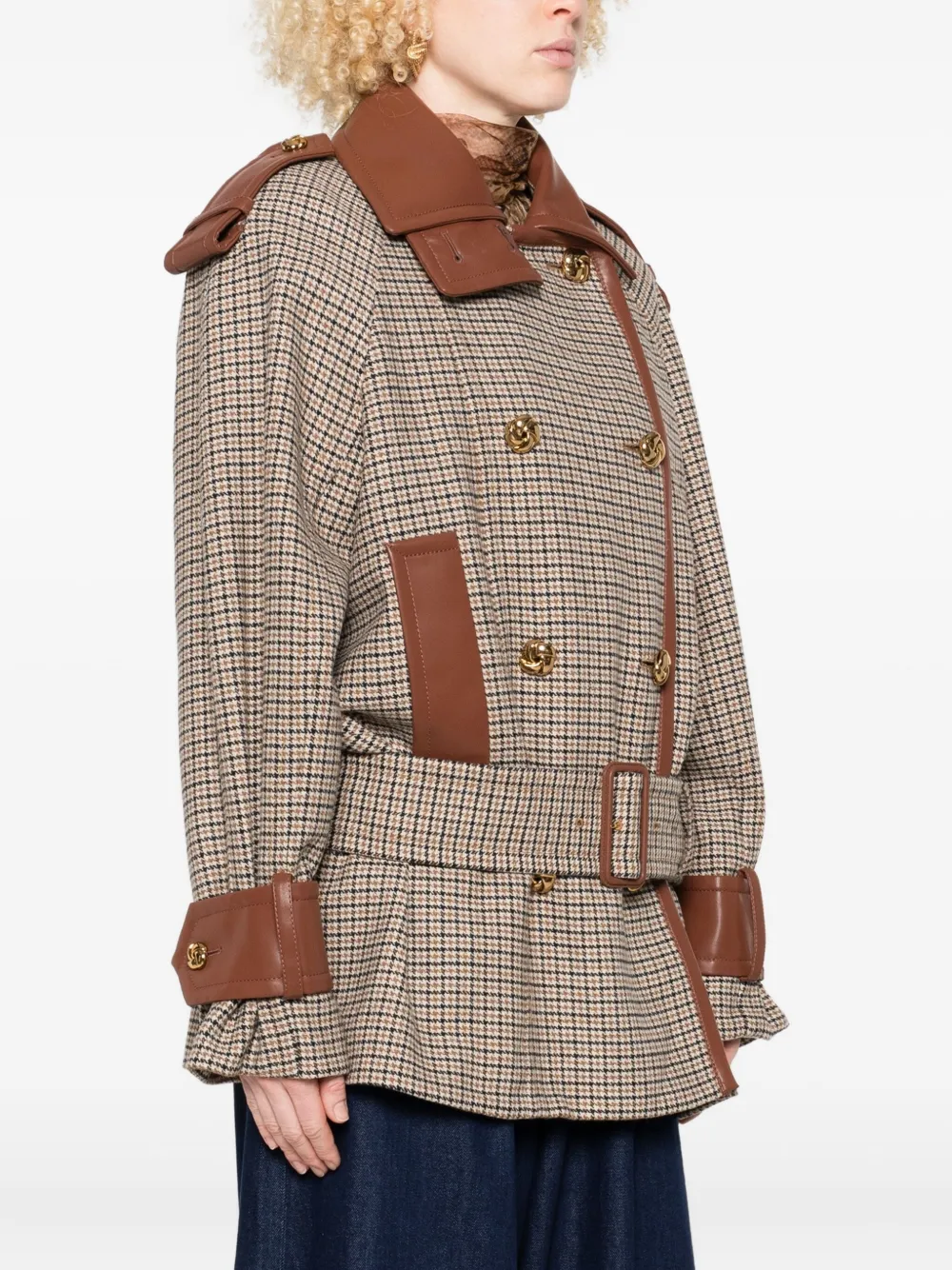 Zimmermann Checked Belted Leather-trimmed Jacket In Neutral