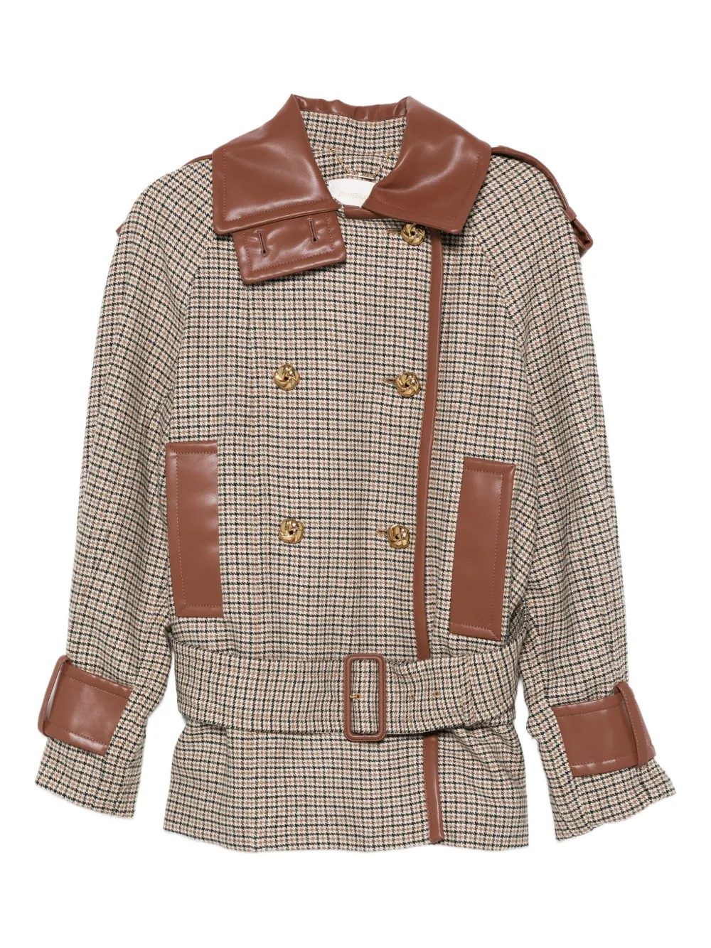 Zimmermann Checked Belted Leather-trimmed Jacket In Neutral