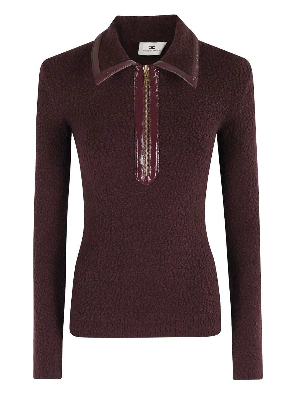 Elisabetta Franchi Tricot Sweater With Zippered Front And Contrast Trim In Purple