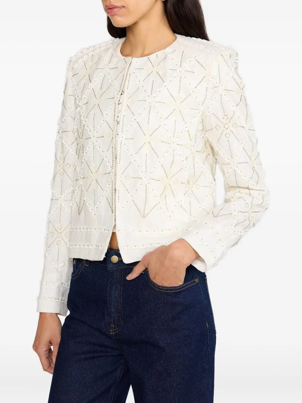  Christy Lynn Jessie Beaded Geometric-pattern Fitted Jacket - White 