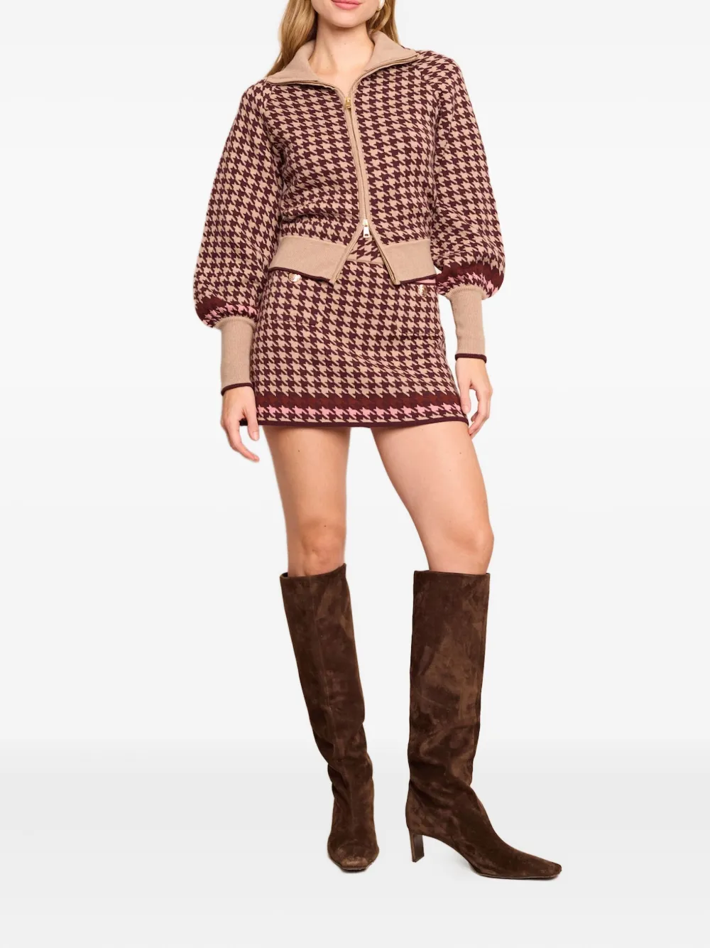 Cara Cara Lyss Houndstooth Zip-up Cardigan In Brown