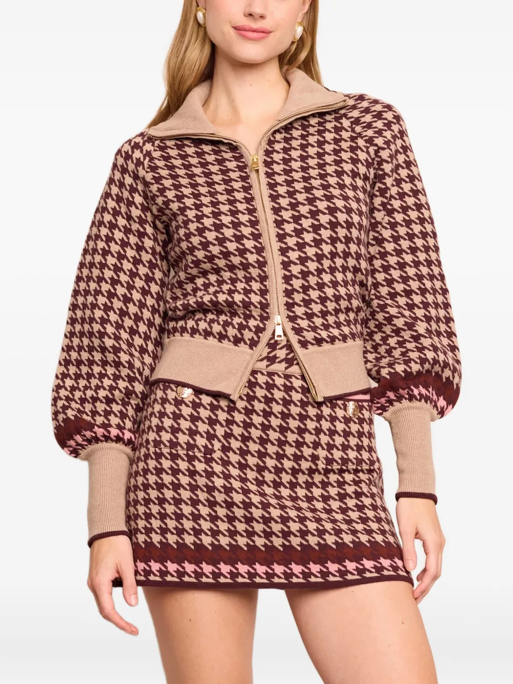 Cara Cara Lyss Houndstooth Zip-up Cardigan In Brown