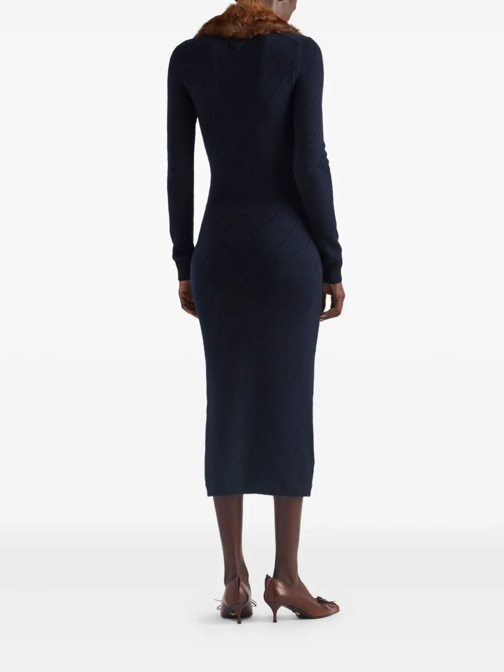 Prada Cashmere Pointelle Knit Long-sleeve Midi Sweater Dress In Blue