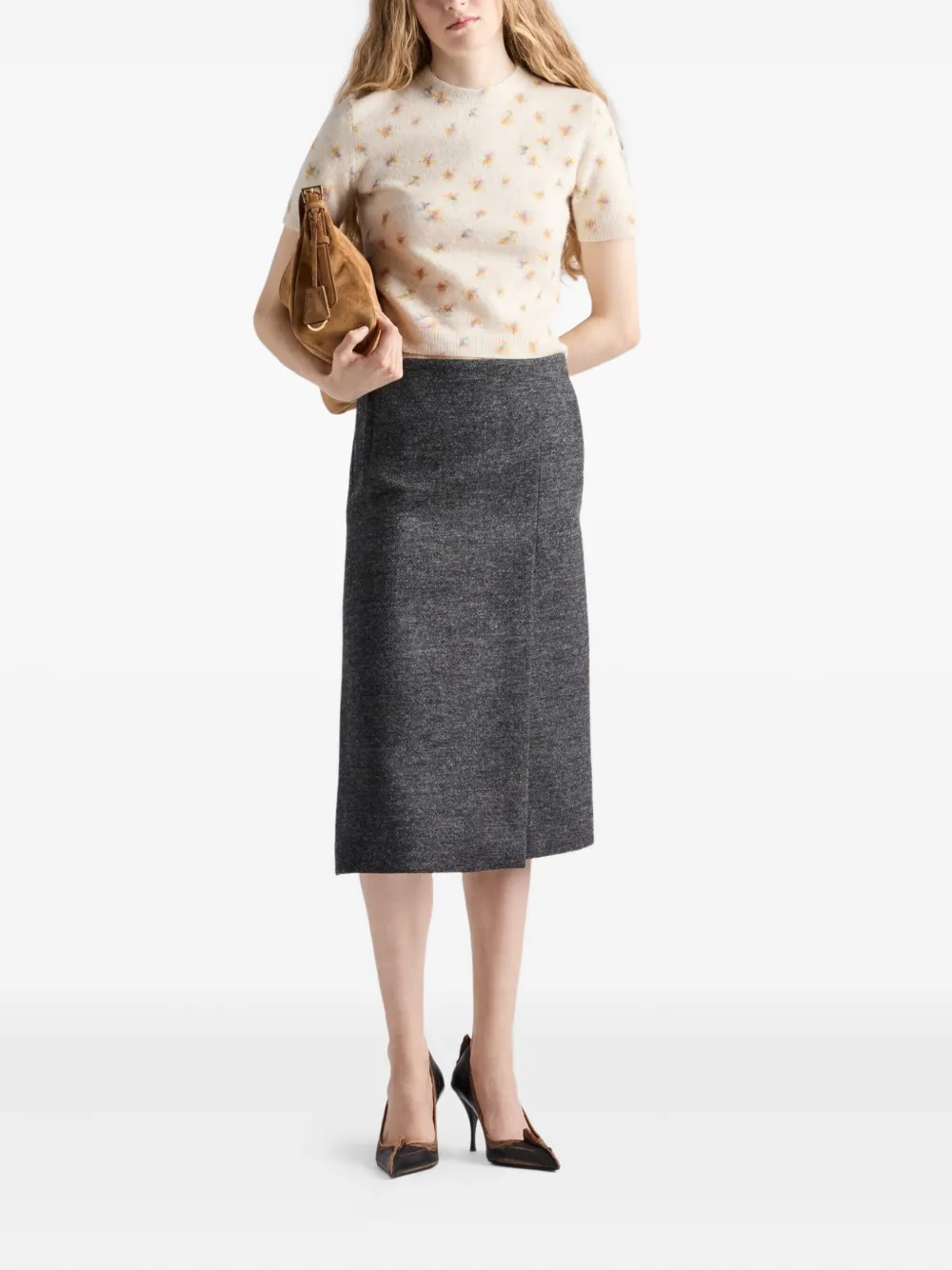 Prada Floral-pattern Wool T-shirt In Neutral