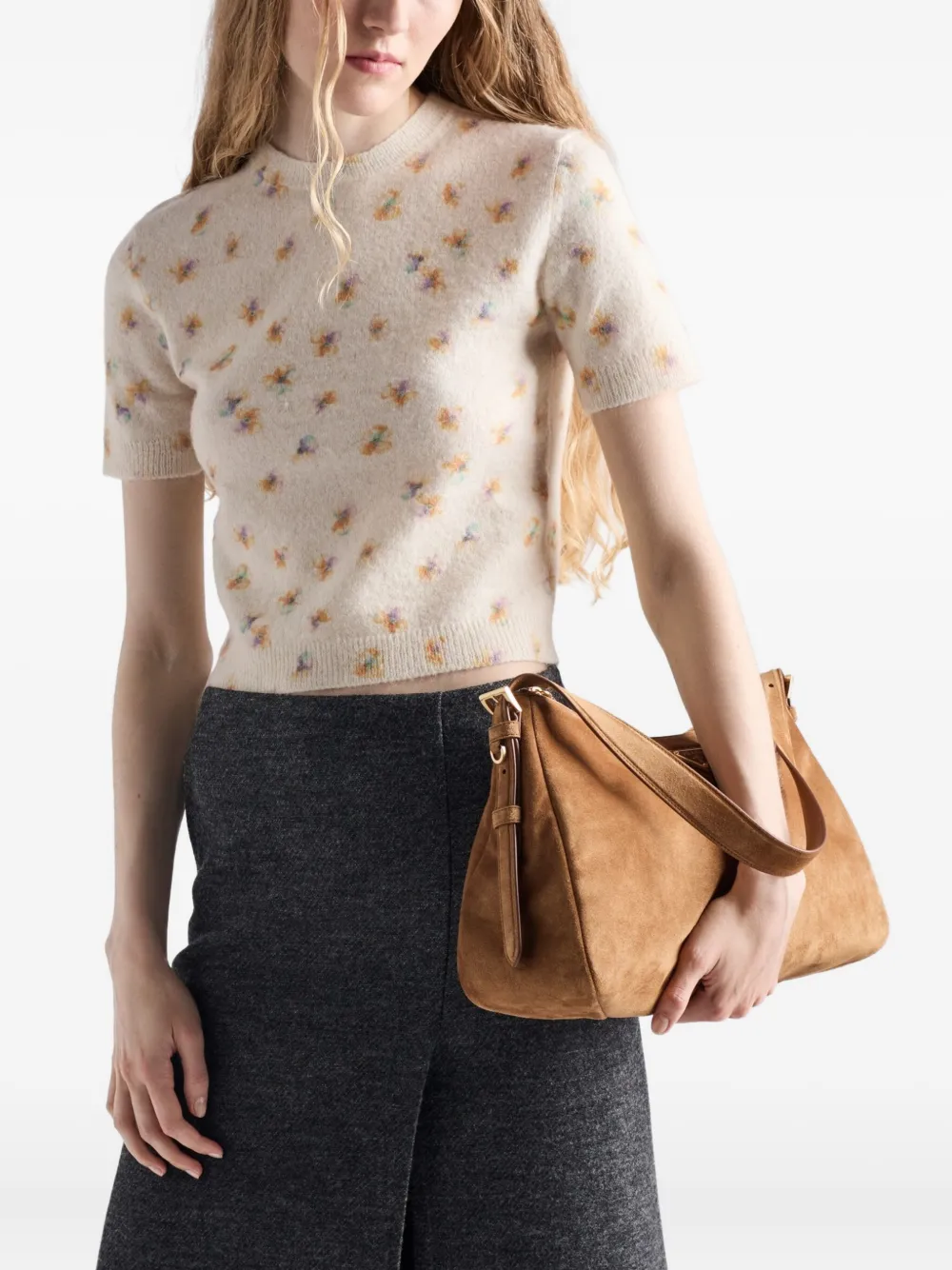 Prada Floral-pattern Wool T-shirt In Neutral