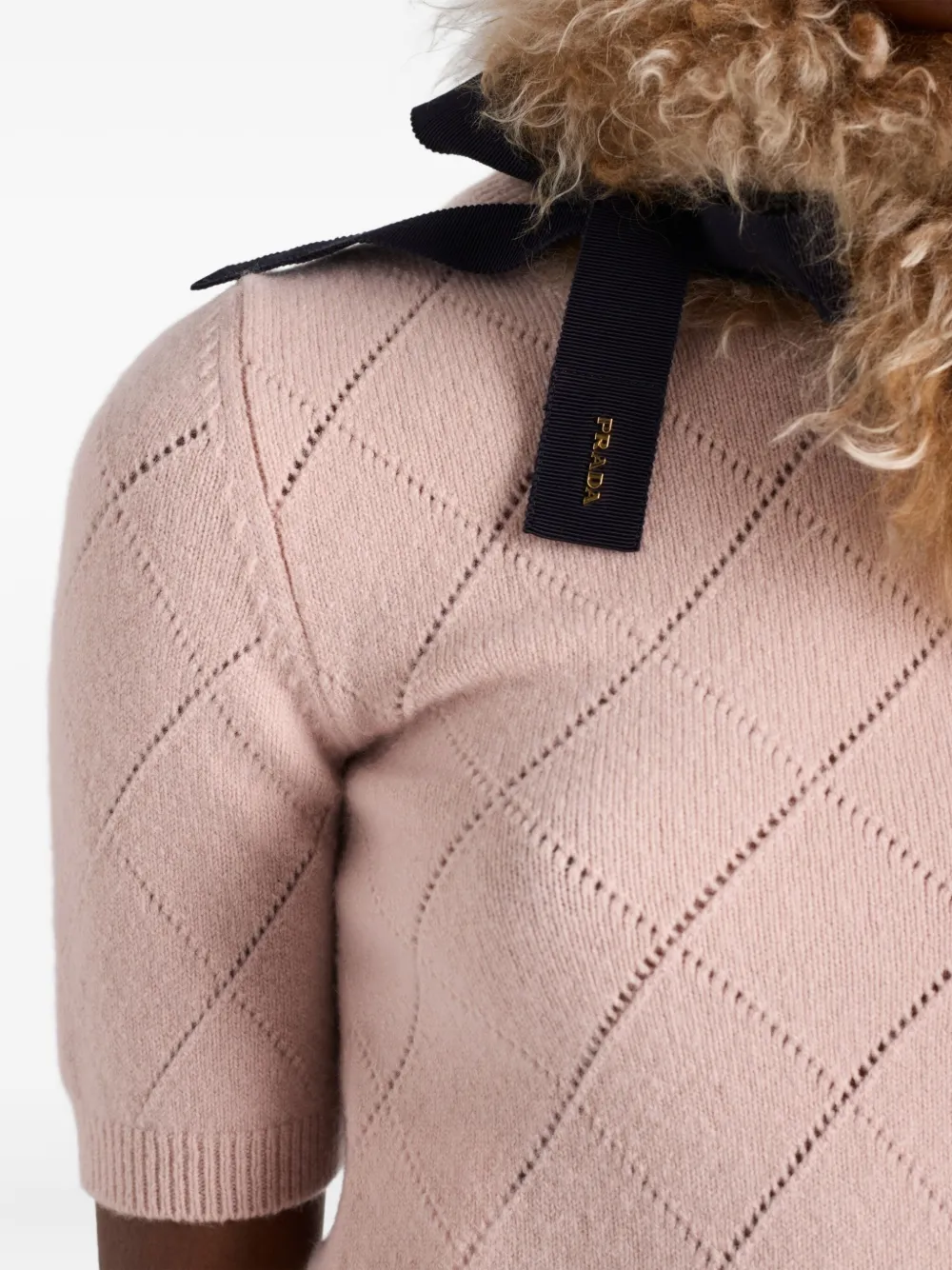 Prada Cashmere Argyle Pointelle Knit Short-sleeve Sweater In Pink