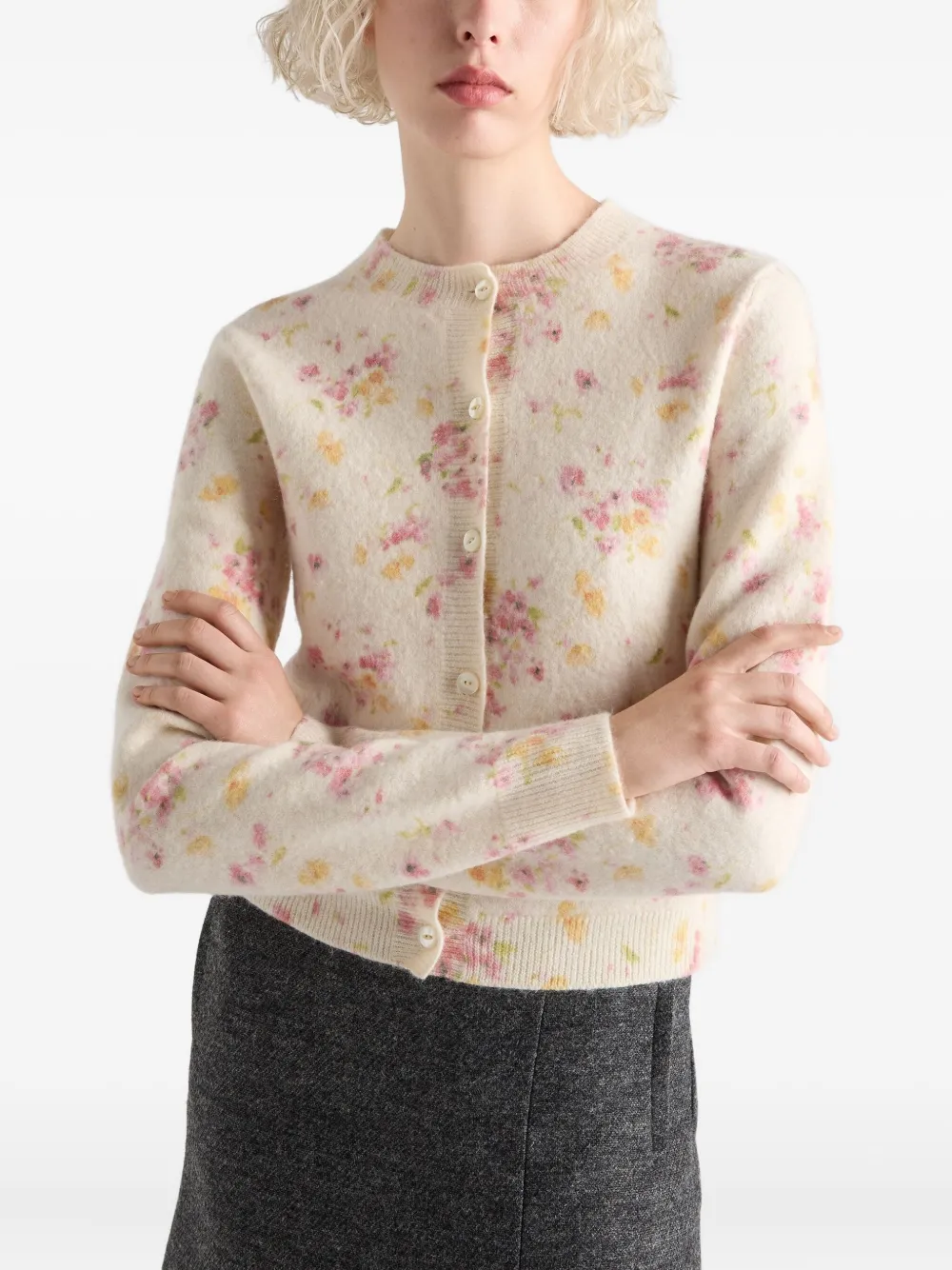 Prada Floral Crewneck Cardigan In Multi
