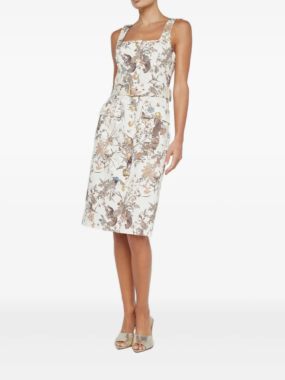 L'Agence Idy jurk met vogelprint en ceintuur - Beige