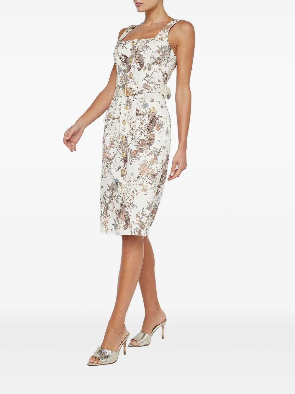 L'Agence Idy jurk met vogelprint en ceintuur Beige