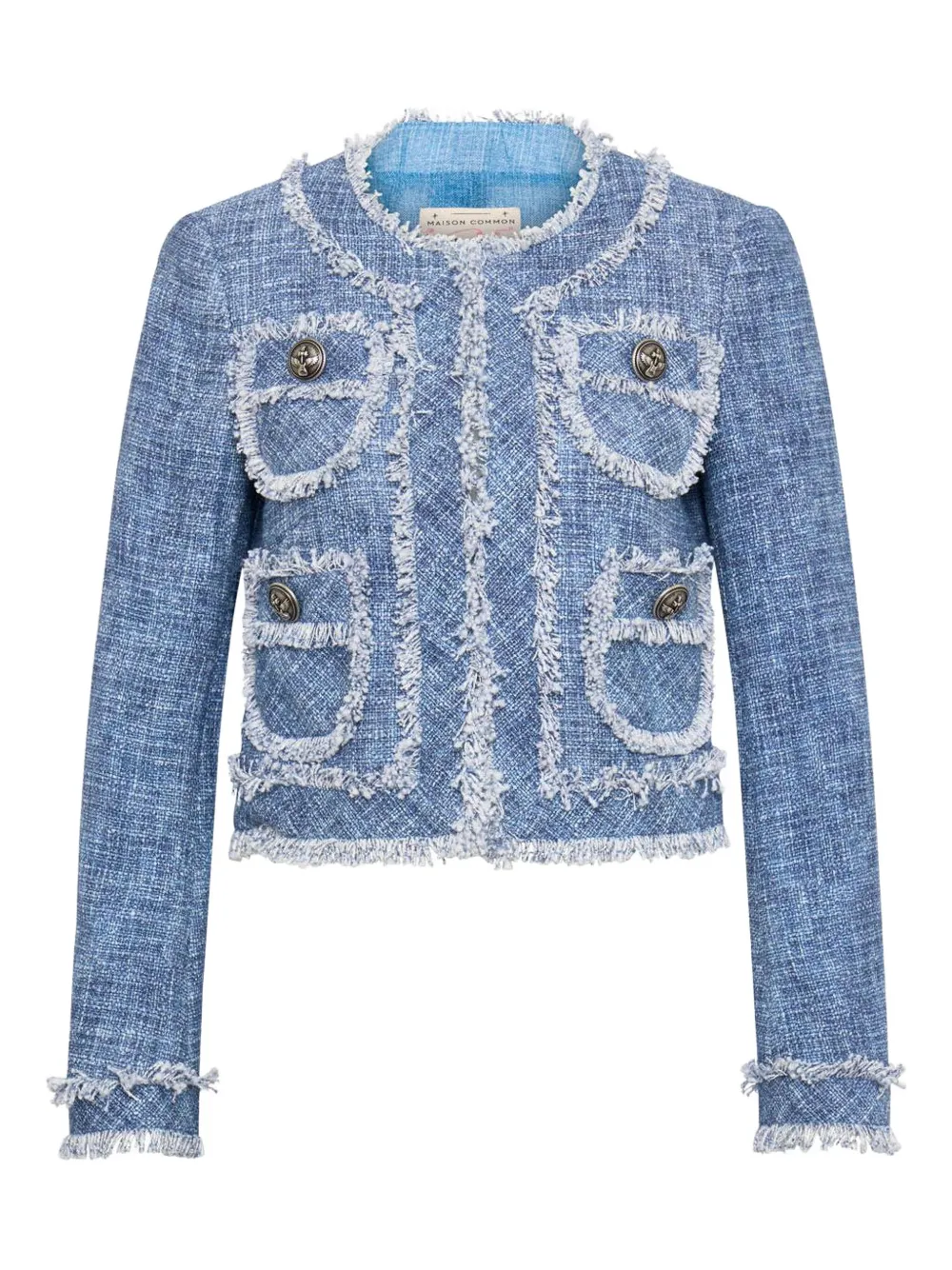 Maison Common Frayed Tweed Jacket In Blue