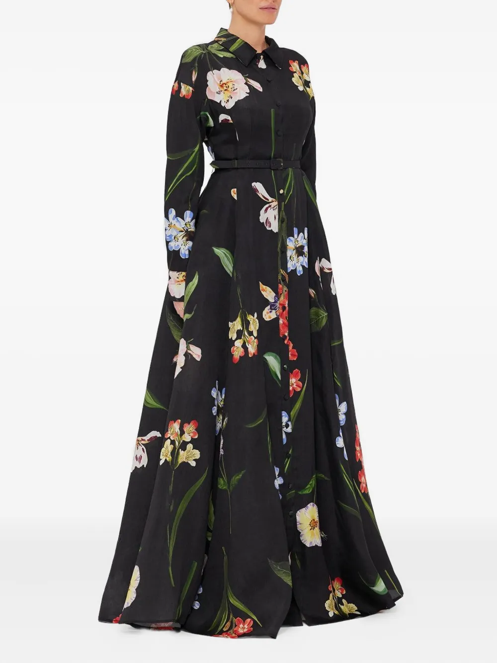 Leo Lin Floral-print Belted Shirt Maxi Dress In Black