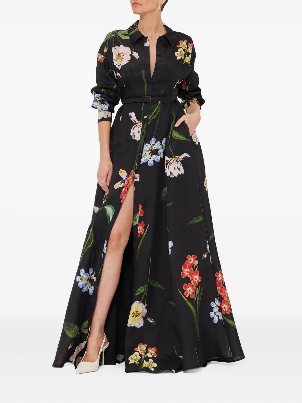 Leo Lin Floral-print Belted Shirt Maxi Dress In Black