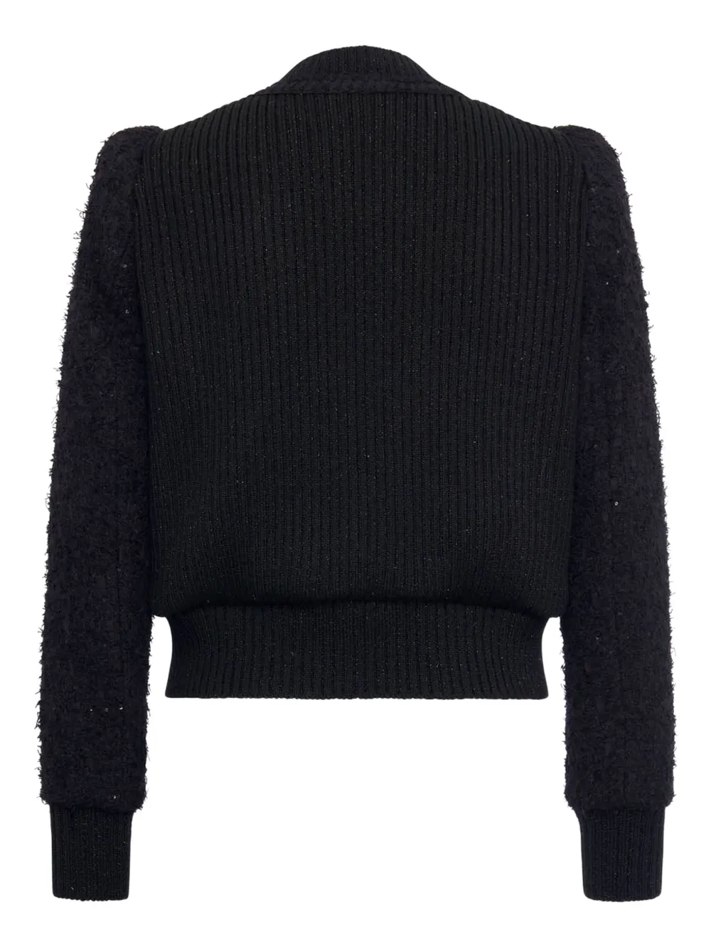 Maison Common Paillette Tweed Bomber Jacket With Metallic Knit Back In Black