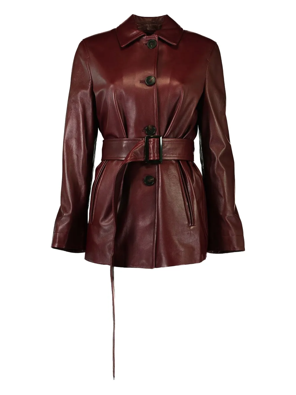 Max Mara Jacket With Belt In Bordeaux Nappa Leather In Burgundy